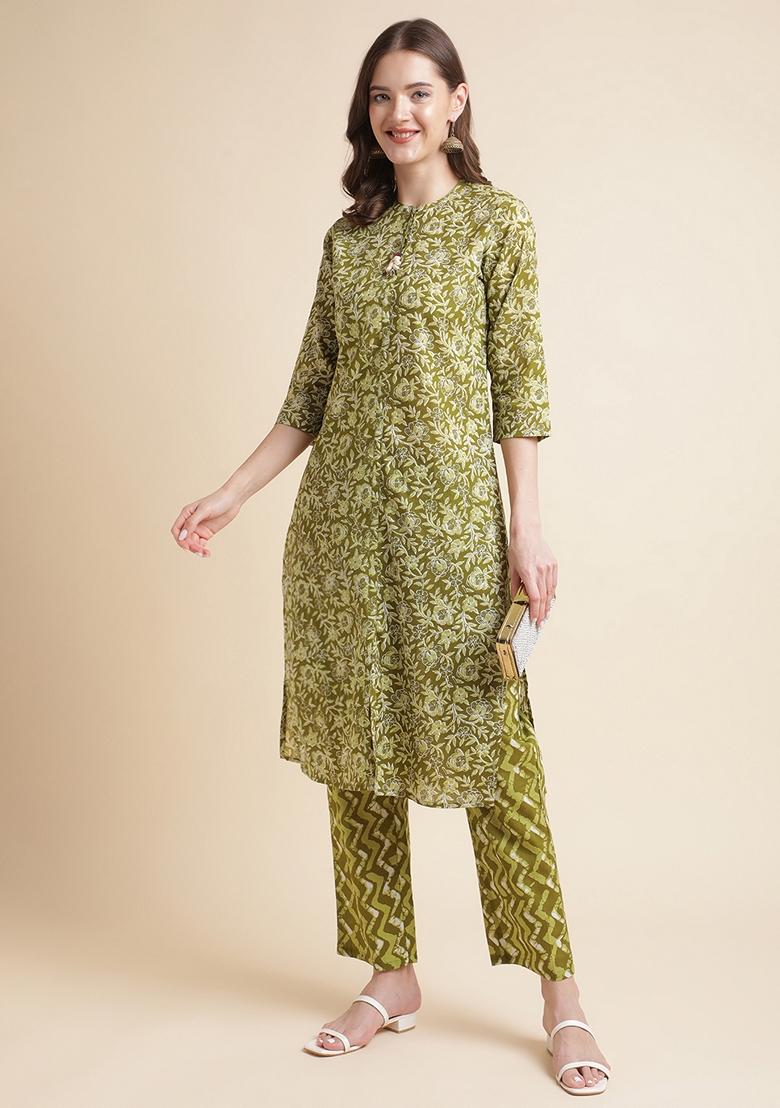 Green Printed Cotton Kurta Set