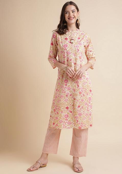 Yellow And Multicolor Printed Cotton Kurta Set