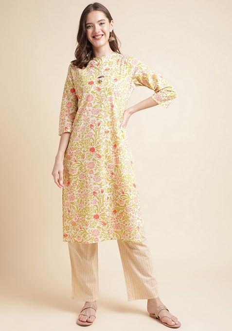 Green And Multicolour Printed Cotton Kurta Set