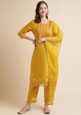 Yellow Embroidered Silk Cotton Kurta Set