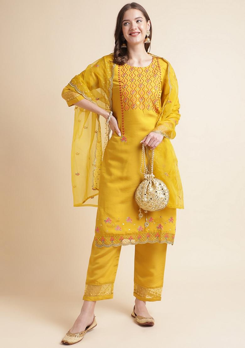 Yellow Embroidered Silk Cotton Kurta Set
