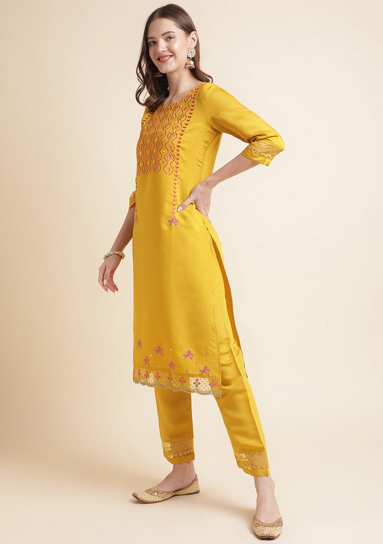 Yellow Embroidered Silk Cotton Kurta Set