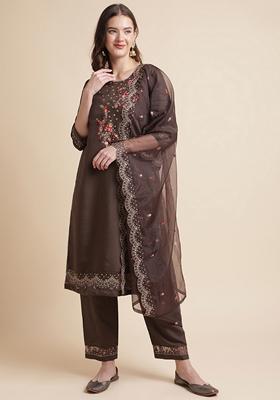 Coffee Brown Embroidered Silk Cotton Kurta Set