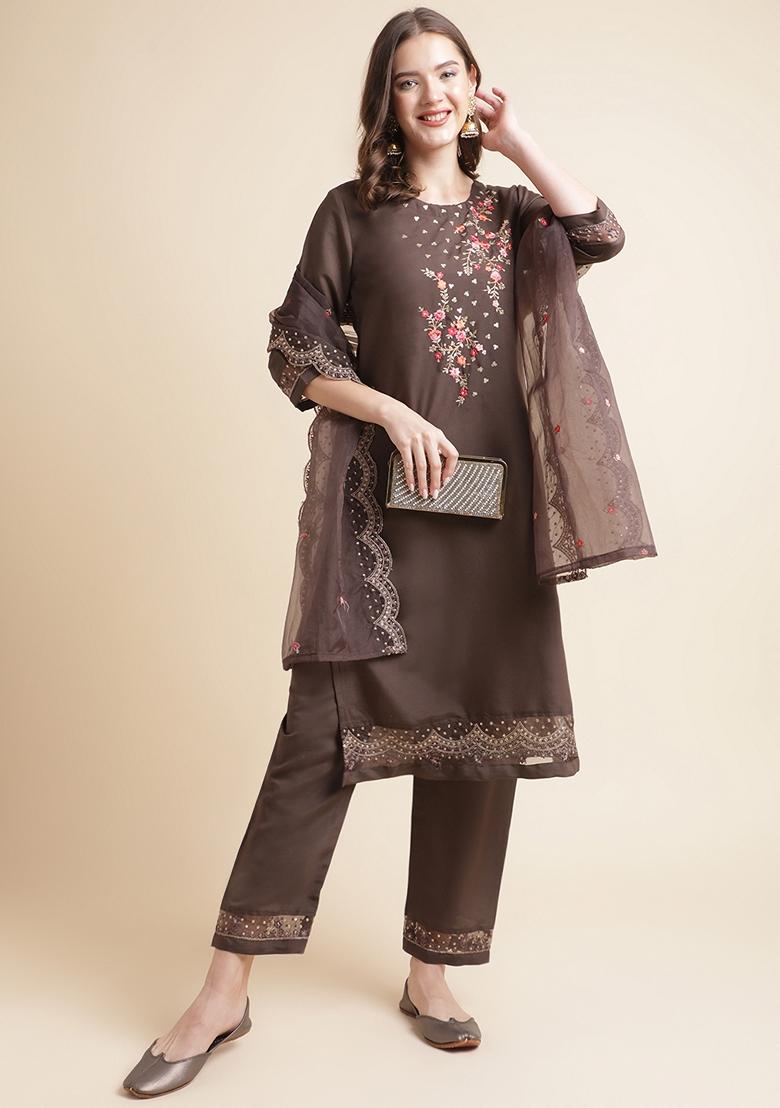 Coffee Brown Embroidered Silk Cotton Kurta Set