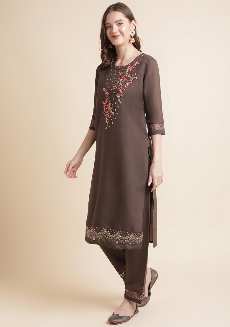 Coffee Brown Embroidered Silk Cotton Kurta Set