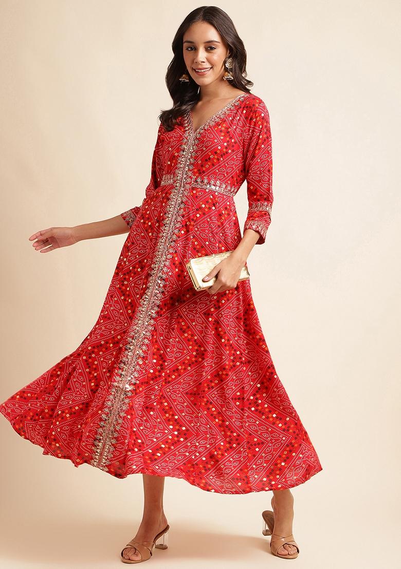 Red Printed Rayon Kurta