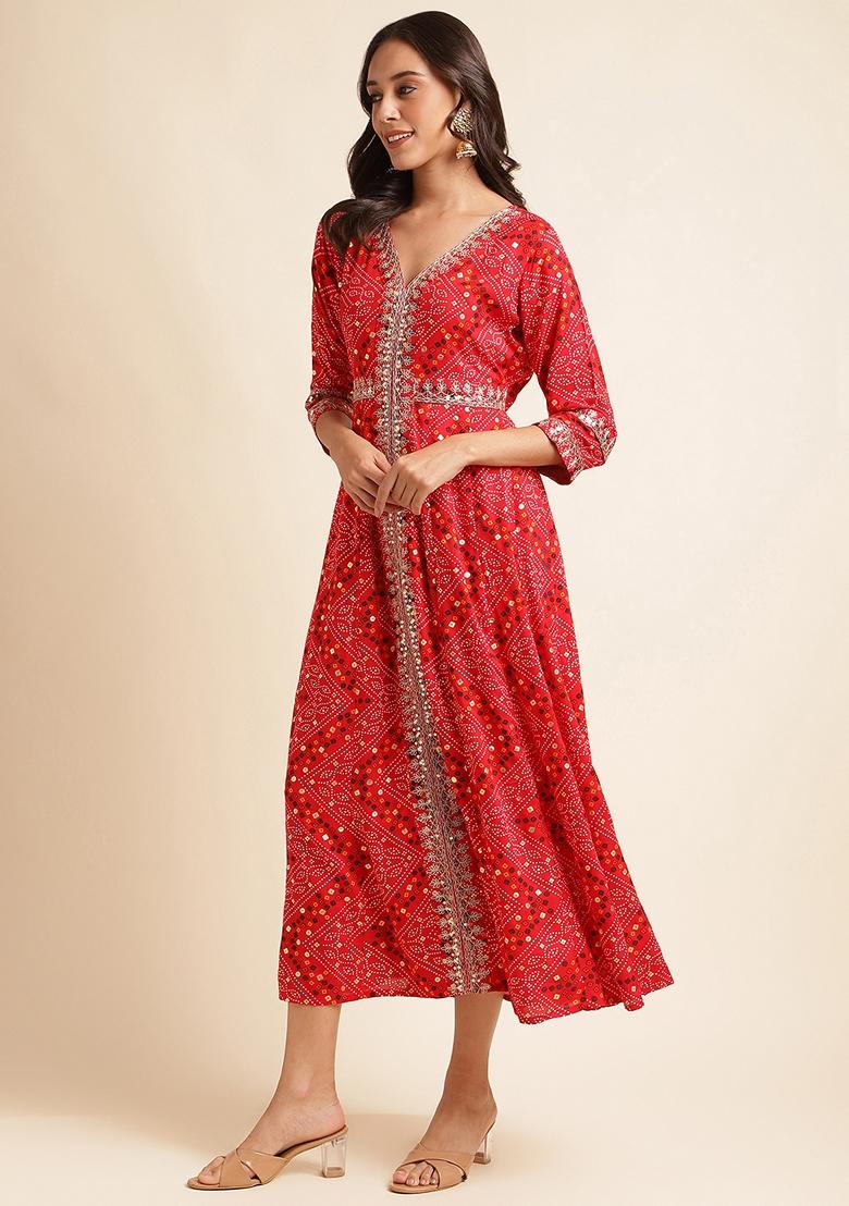 Red Printed Rayon Kurta