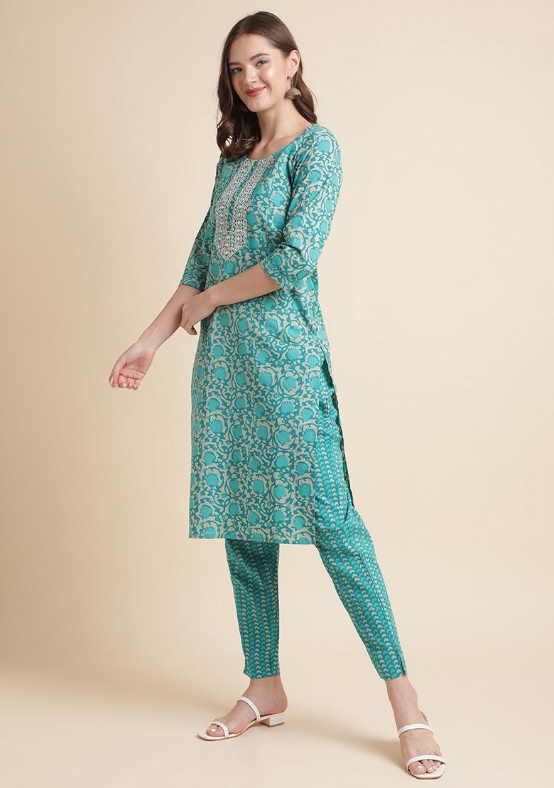 Green Printed Pure Cotton Kurta Set