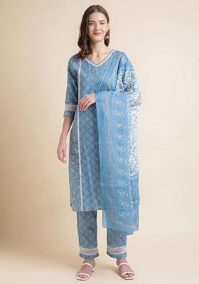 Blue Printed Pure Cotton Kurta Set With Dupatta