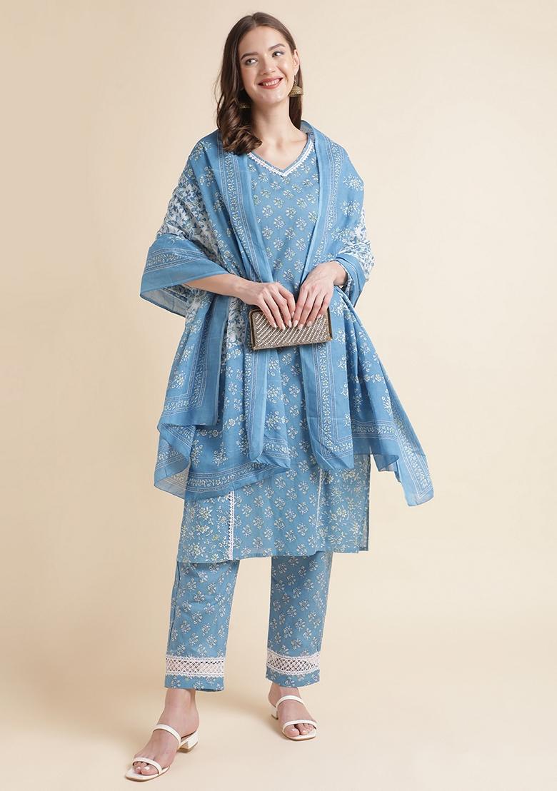 Blue Printed Pure Cotton Kurta Set