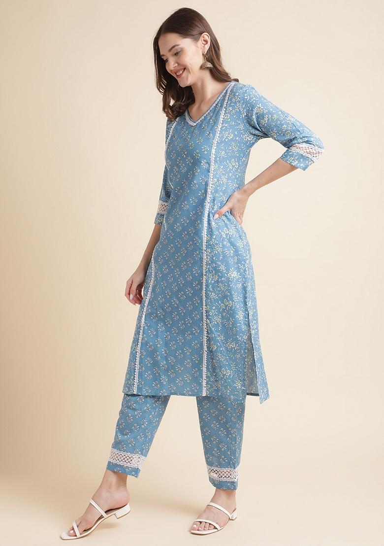 Blue Printed Pure Cotton Kurta Set