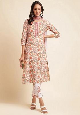 Off White Printed Pure Cotton Kurta Set