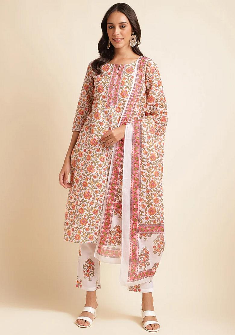 Off White Printed Pure Cotton Kurta Set