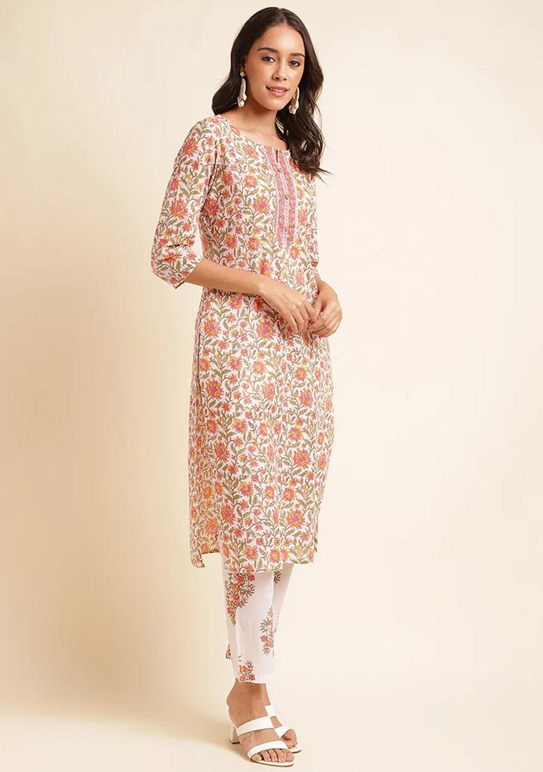 Off White Printed Pure Cotton Kurta Set