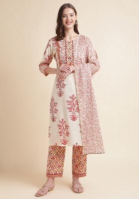 Off White Printed Pure Cotton Kurta Set