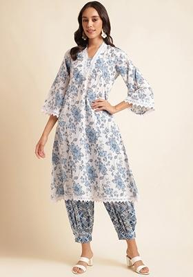 White And Blue Printed Cotton Kurta Set