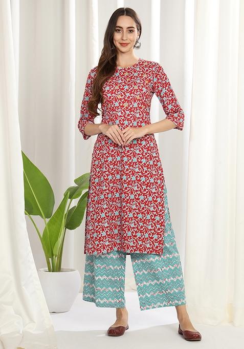 Red Printed Pure Cotton Kurta Set