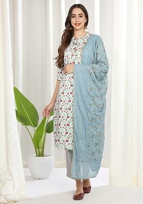 Sea Blue Printed Pure Cotton Kurta Set