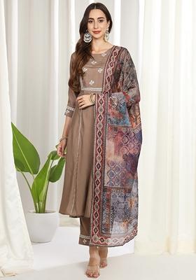 Dusty Grey Embroidered Silk Cotton Kurta Set