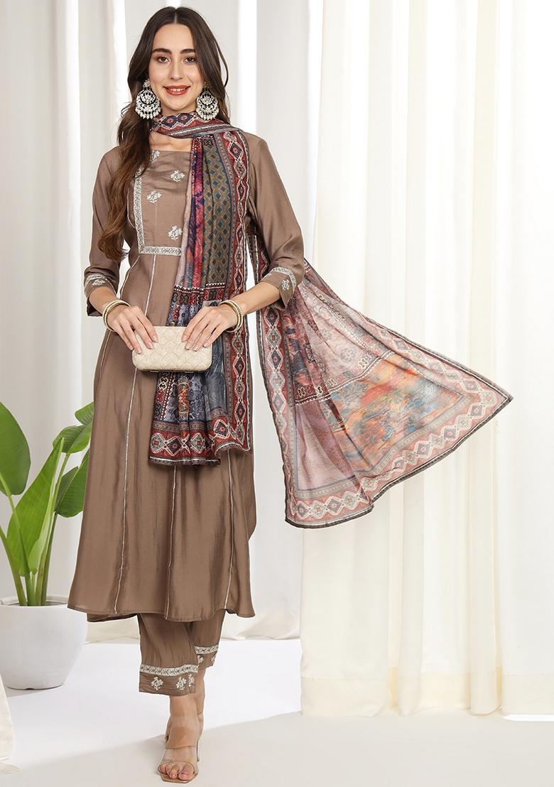 Dusty Grey Embroidered Silk Cotton Kurta Set