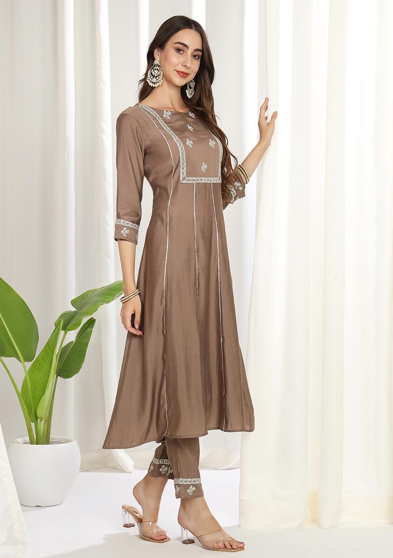 Dusty Grey Embroidered Silk Cotton Kurta Set