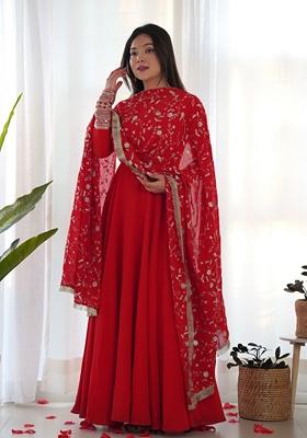 Red Embroidered Georgette Anarkali Set