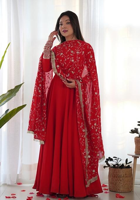 Red Embroidered Georgette Anarkali Set