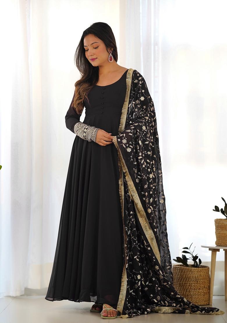 Black Embroidered Georgette Anarkali Set - Indya