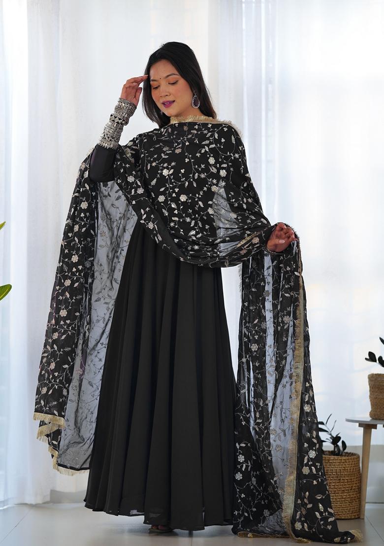 Black Embroidered Georgette Anarkali Set - Indya