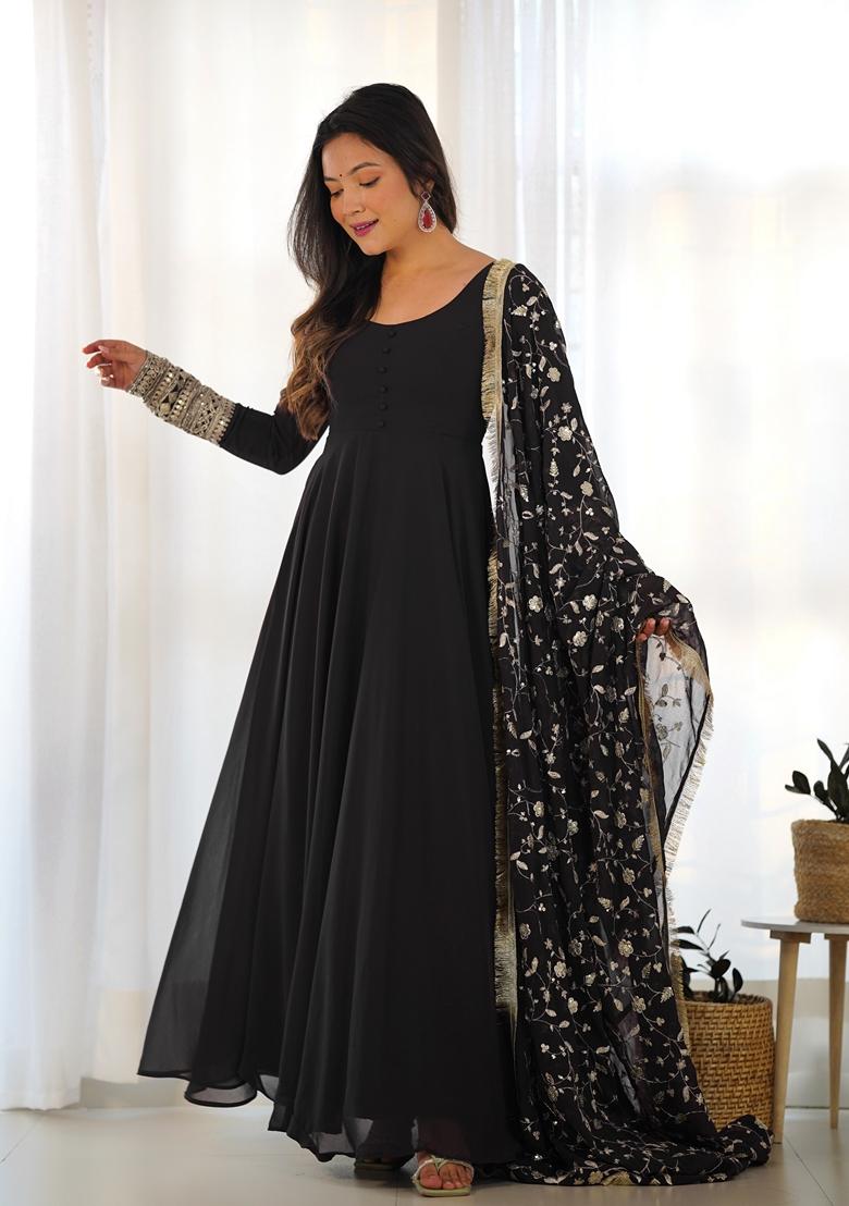 Black Embroidered Georgette Anarkali Set - Indya
