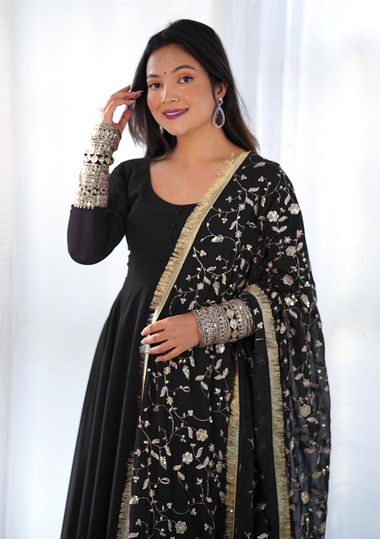 Black Embroidered Georgette Anarkali Set - Indya