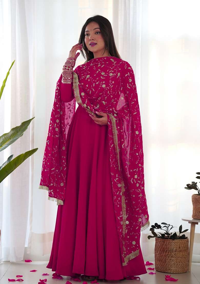 Rani Pink Embroidered Georgette Anarkali With Dupatta - Indya