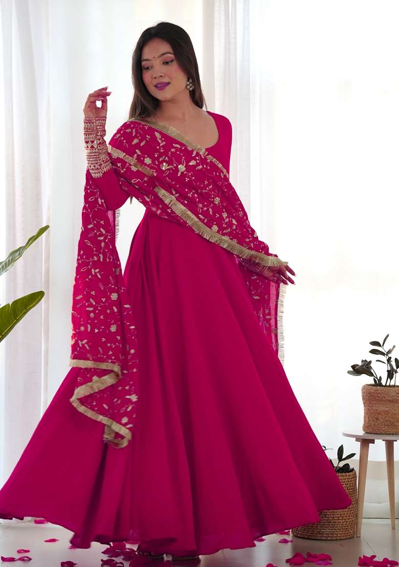 Rani Pink Embroidered Georgette Anarkali With Dupatta - Indya