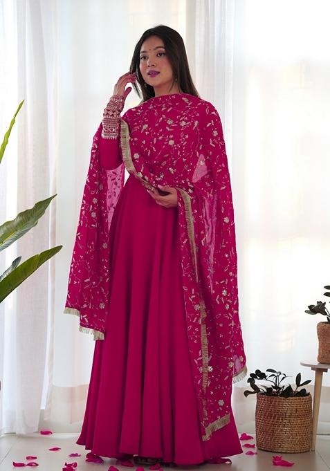 Rani Pink Embroidered Georgette Anarkali Set