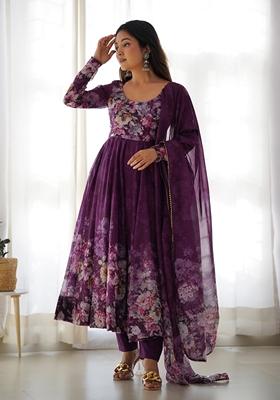 Wine Digital Print Organza Anarkali Set