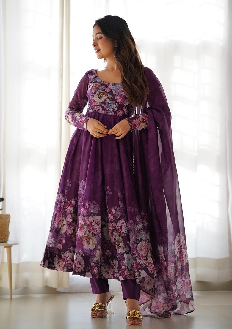 Wine Digital Print Organza Anarkali Set