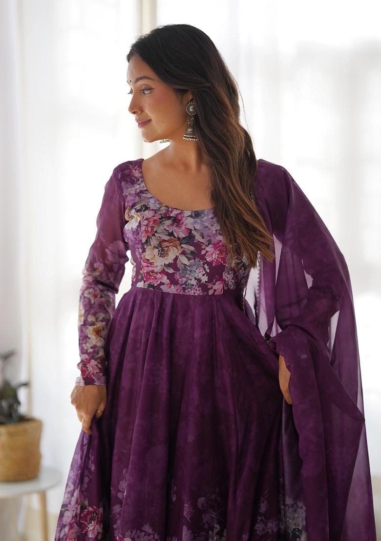 Wine Digital Print Organza Anarkali Set