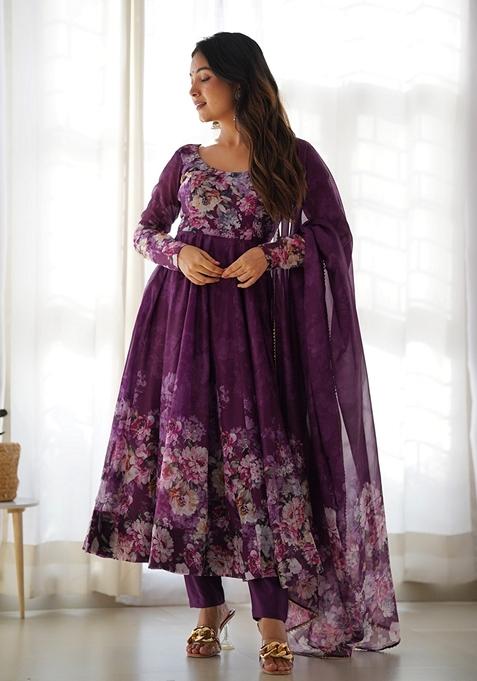 Wine Digital Print Organza Anarkali Set