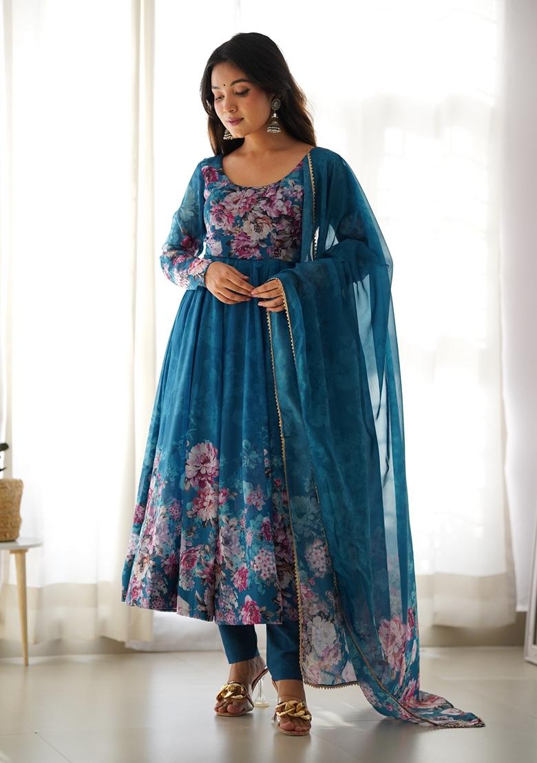 Rama Blue Digital Print Organza Anarkali Set