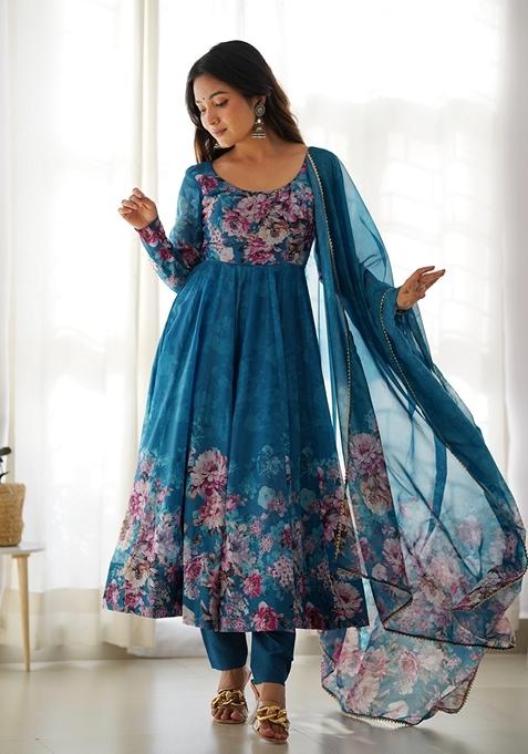 Rama Blue Digital Print Organza Anarkali Set