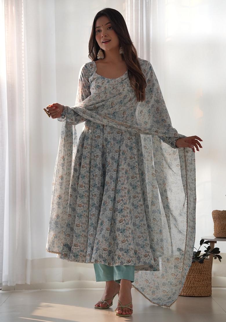 Sky Blue Digital Print Chiffon Anarkali Set
