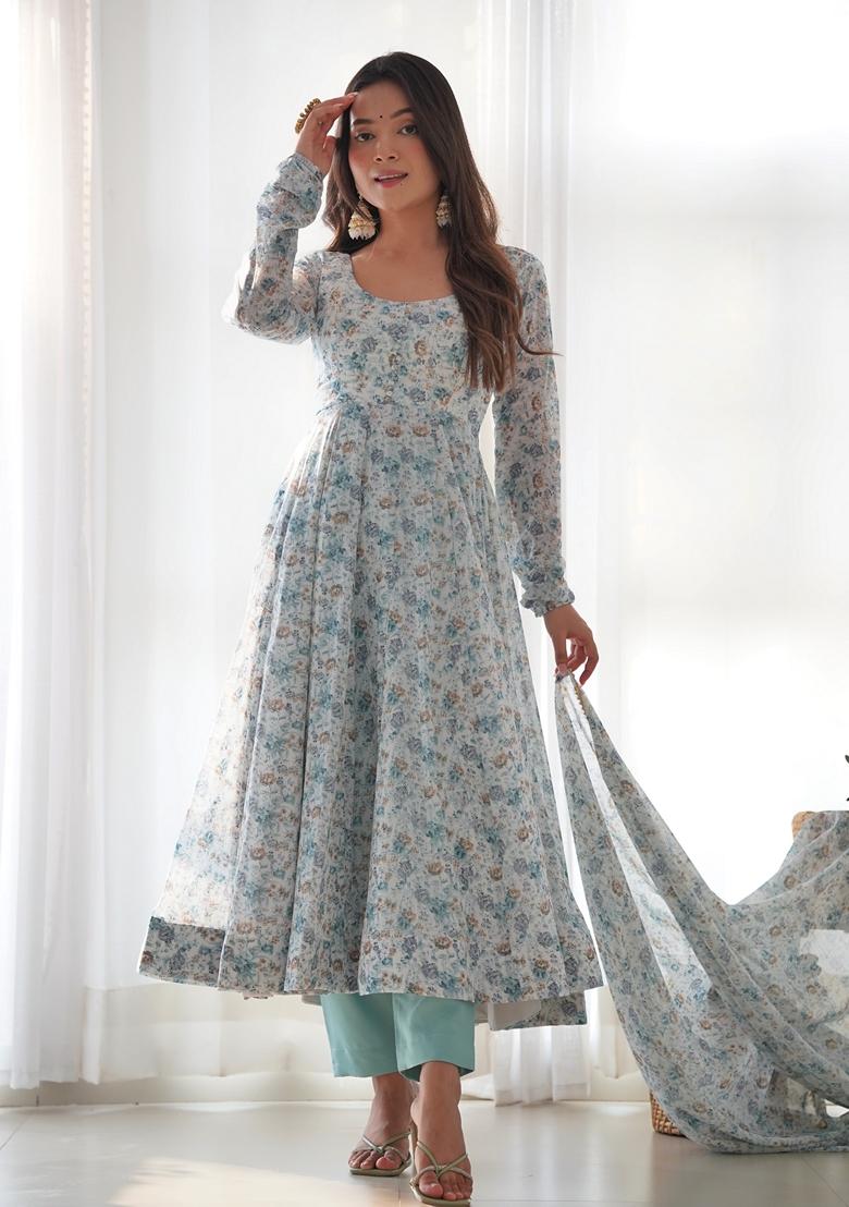Sky Blue Digital Print Chiffon Anarkali Set