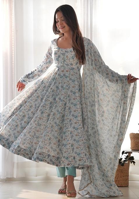 Sky Blue Digital Print Chiffon Anarkali Set