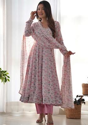 Pink Digital Print Chiffon Anarkali Set