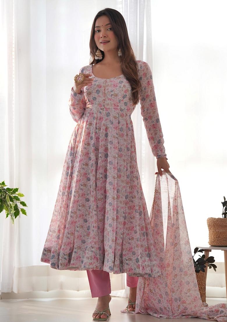 Pink Digital Print Chiffon Anarkali Set