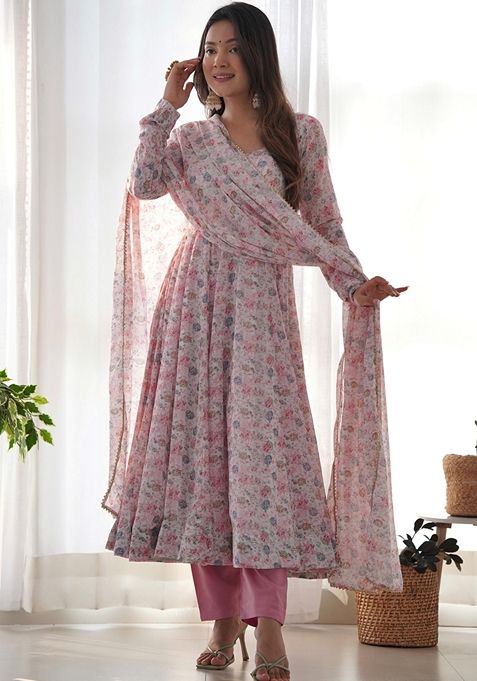 Pink Digital Print Chiffon Anarkali Set