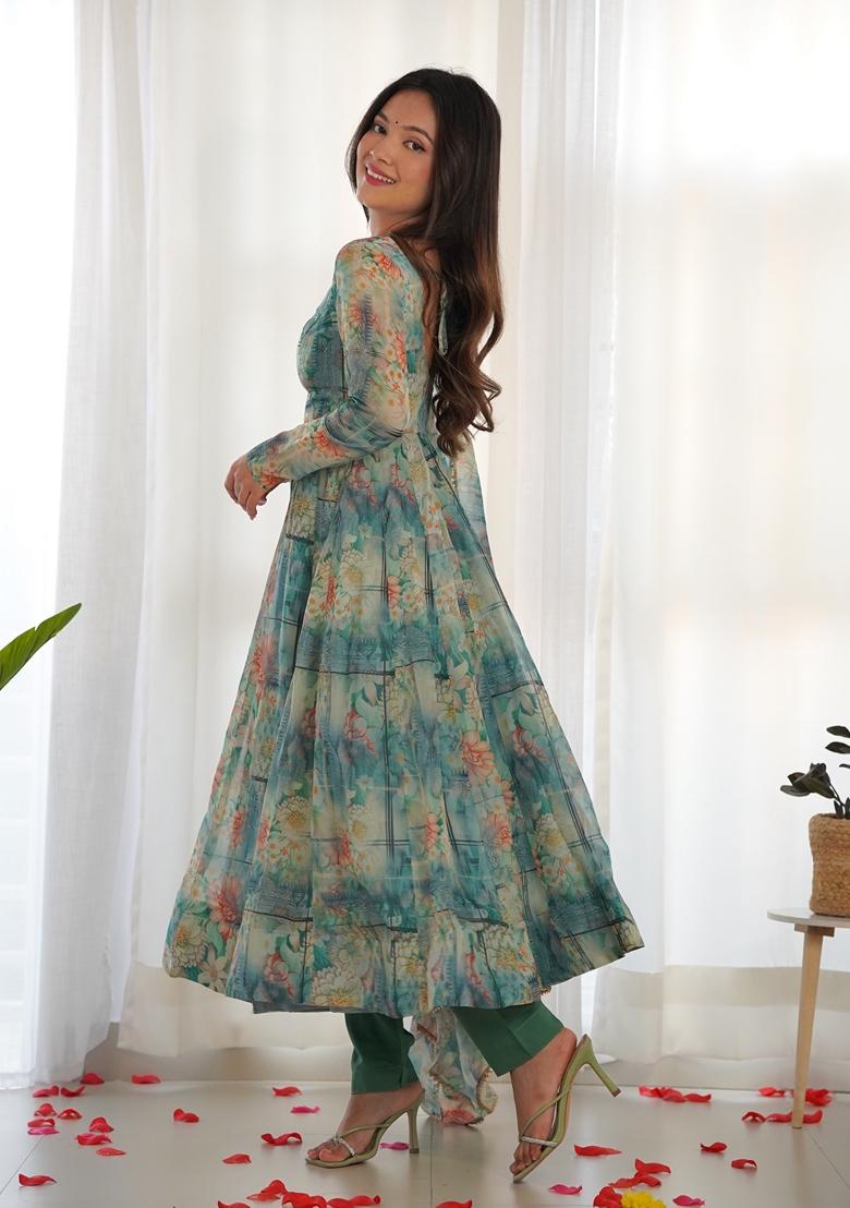 Multicolour Digital Print Organza Anarkali Set