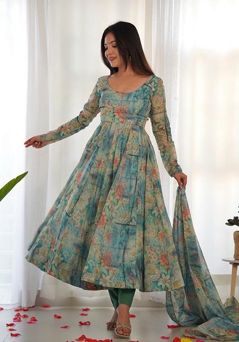 Multicolour Digital Print Organza Anarkali Set