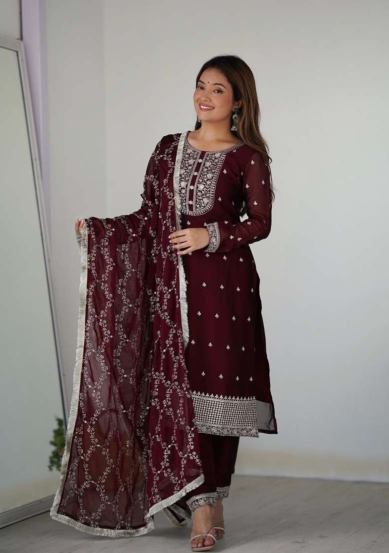 Maroon Embroidered Silk Blend Straight Kurta Set - Indya