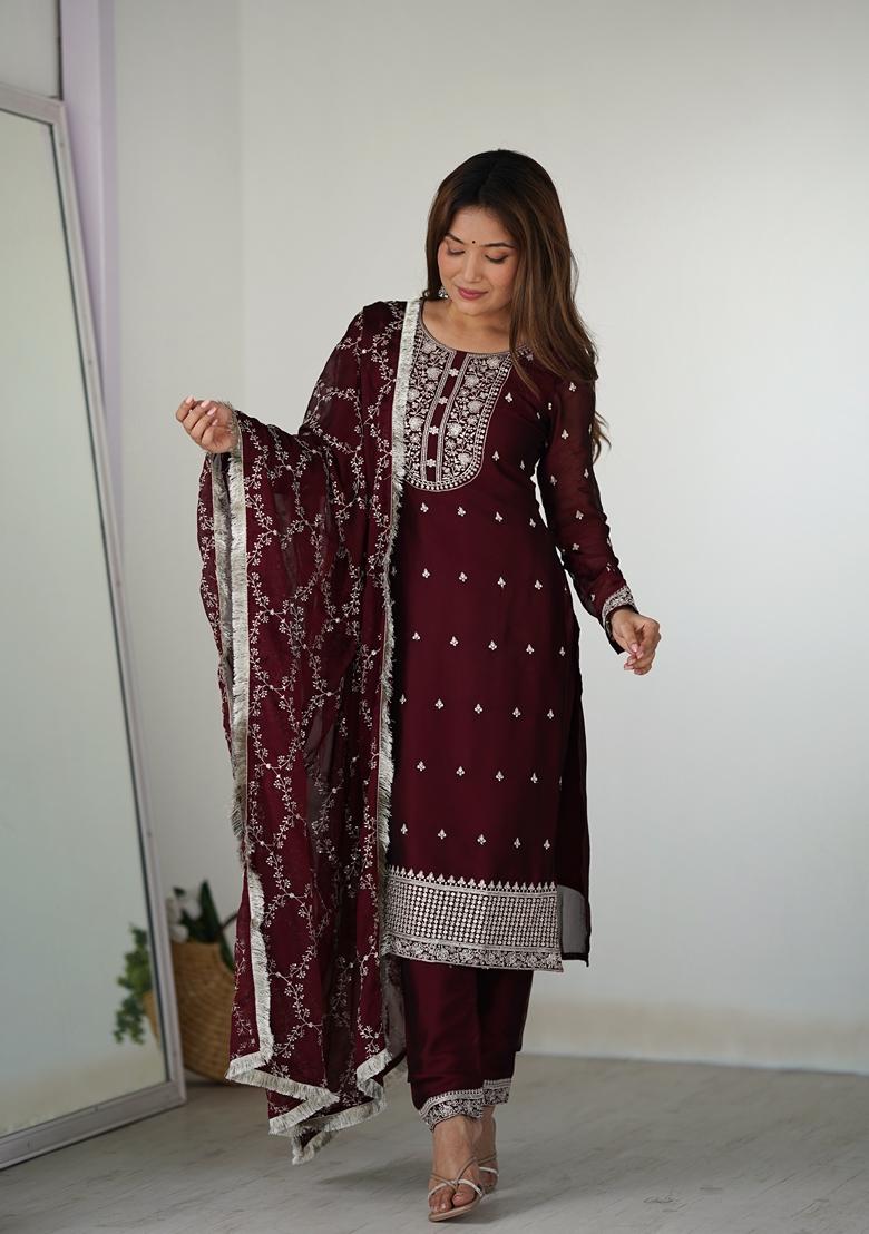 Maroon Embroidered Silk Kurta Set